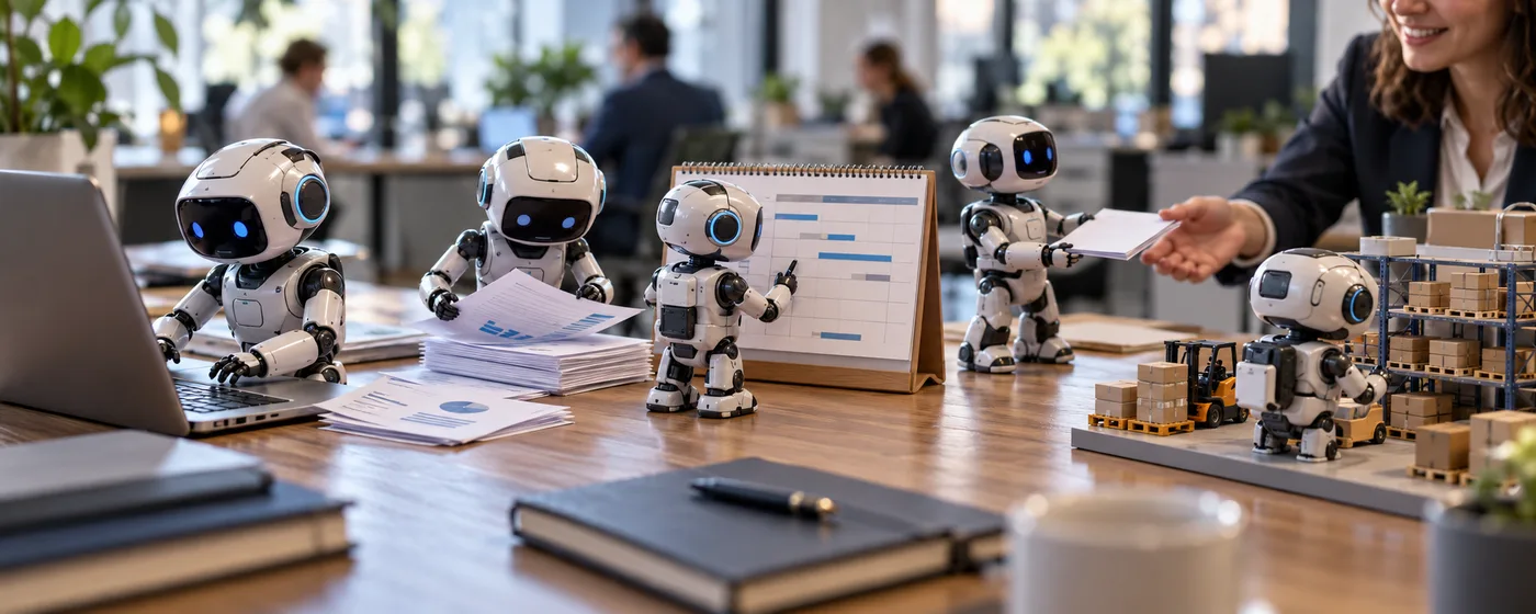 Escena ilustrativa de agentes robóticos miniatura colaborando en tareas de oficina, producción e inventario