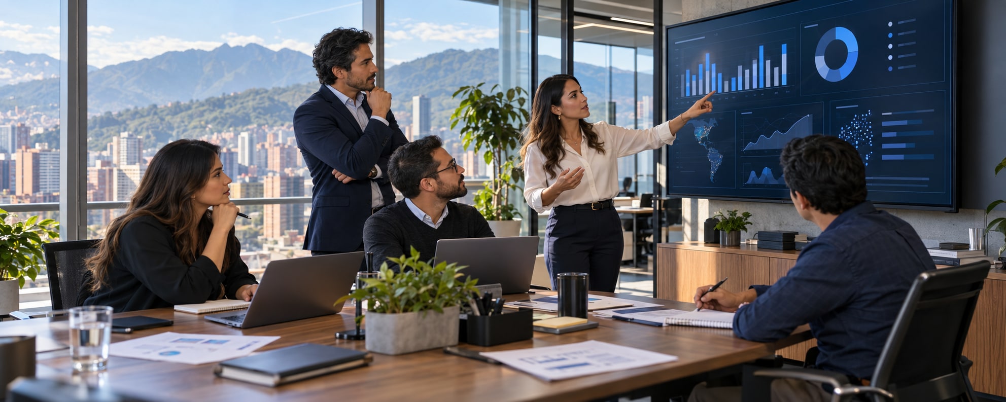 Escena ilustrativa de profesionales que definen una estrategia de IA frente a un tablero de datos en una oficina.